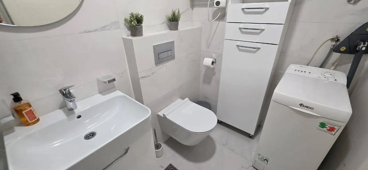 Manje kupatilo sa umivaonikom, WC šoljom, bijelim ormarićem i mašinom za veš.