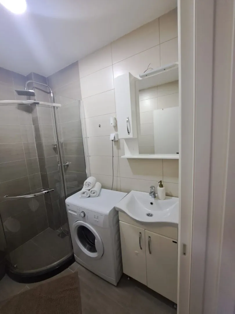 Kupatilo opremljeno tuš kabinom, umivaonikom i veš mašinom.