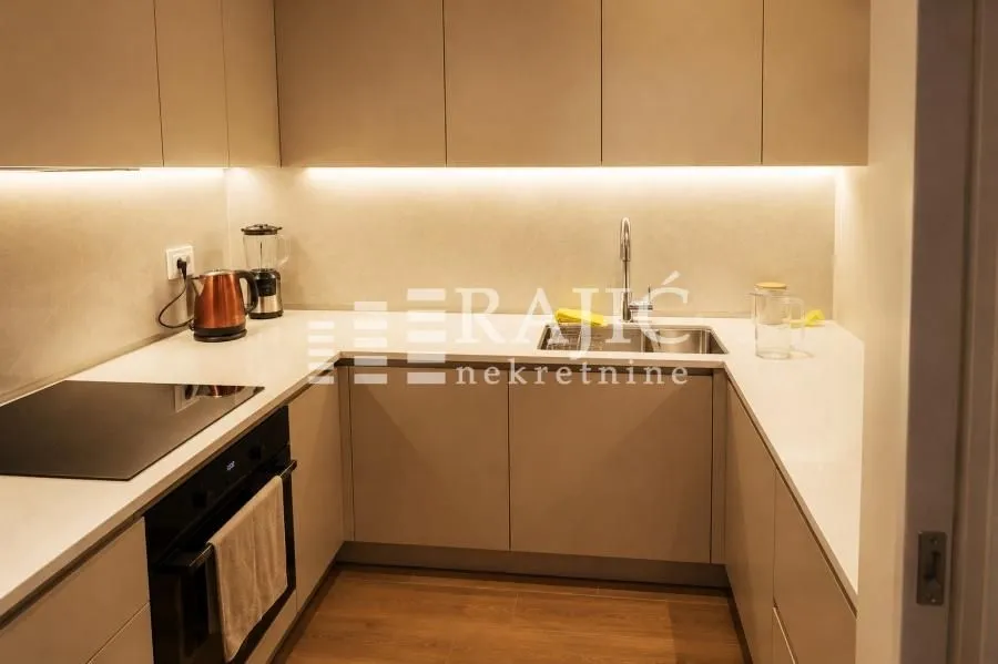 Modern kitchen with built-in cabinetry and a countertop.