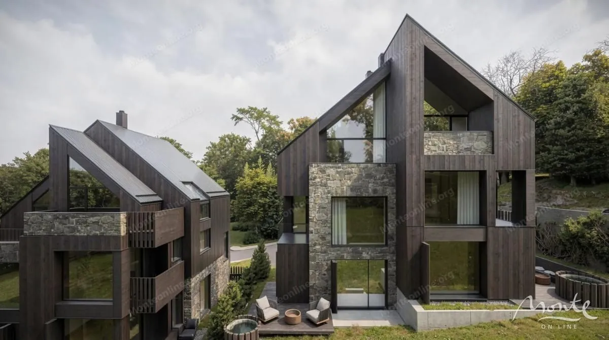 Eksterijer modernih vila sa tamnom drvenom fasadom i kamenim detaljima.