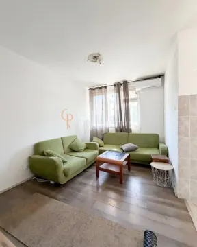 Dnevna soba sa zelenom garniturom za sjedenje i drvenim stočićem. - image 5
