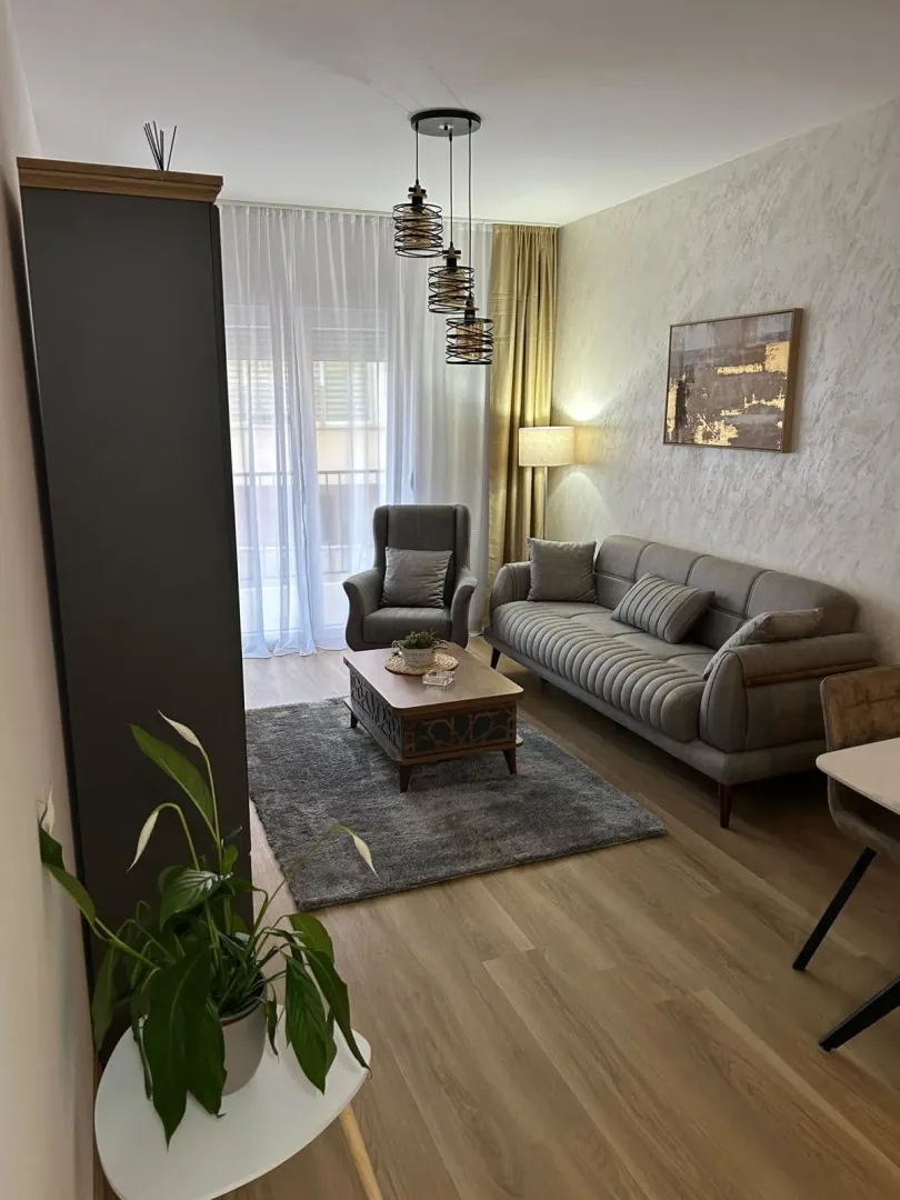 Moderan i svijetao dnevni boravak sa garniturom, foteljom i trpezarijskim stolom.