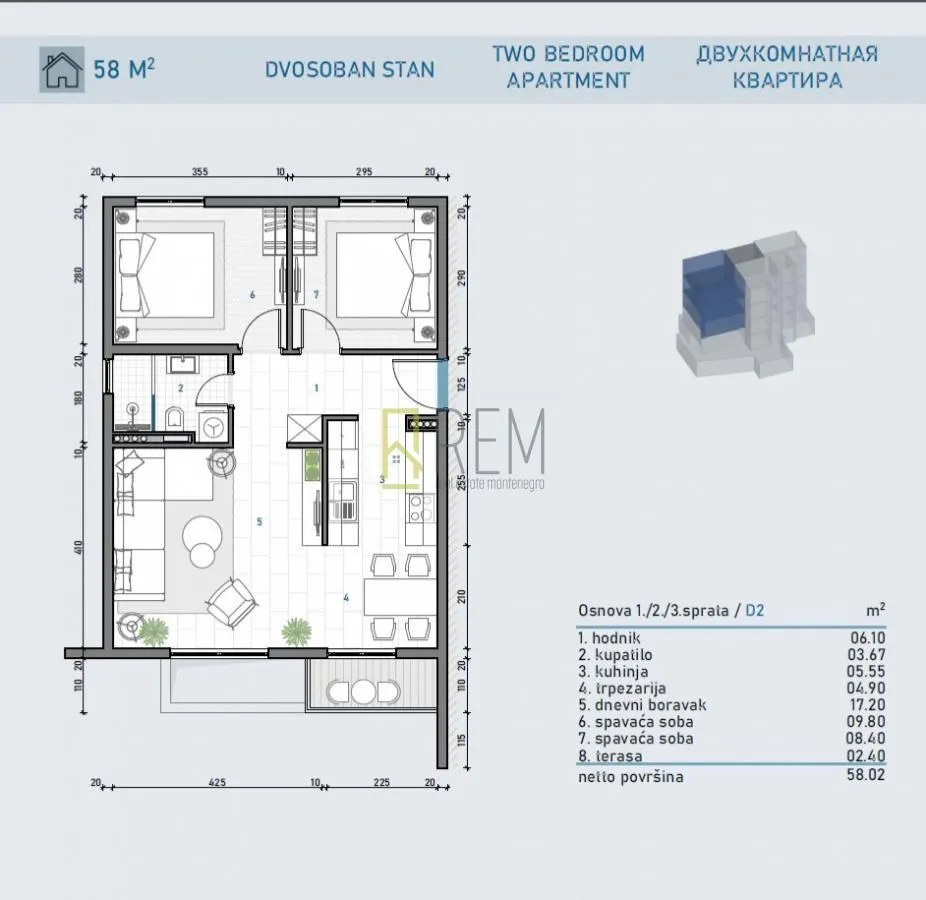 Prodaja, dvosoban stan, 58m², Meljine, Herceg Novi