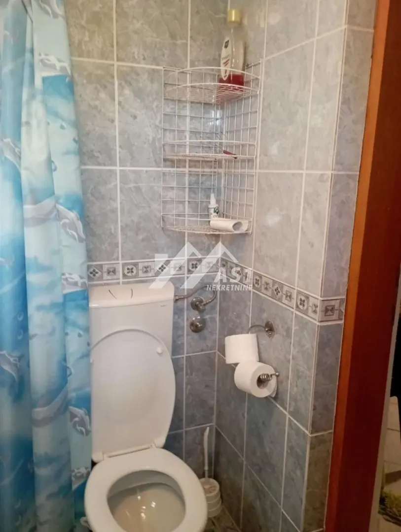 Manje kupatilo sa wc šoljom i tuš zavesom.