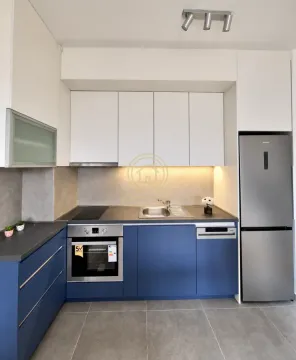 Modern kitchen with blue and white cabinets and built-in appliances. - image 4