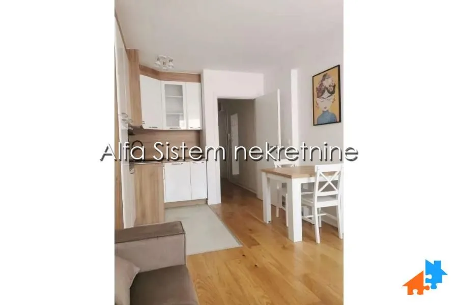 Manja kuhinja sa trpezarijskim stolom i stolicama u sklopu stana.