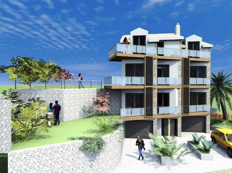 Spoljni izgled višespratne stambene zgrade sa terasama i uređenim dvorištem.
