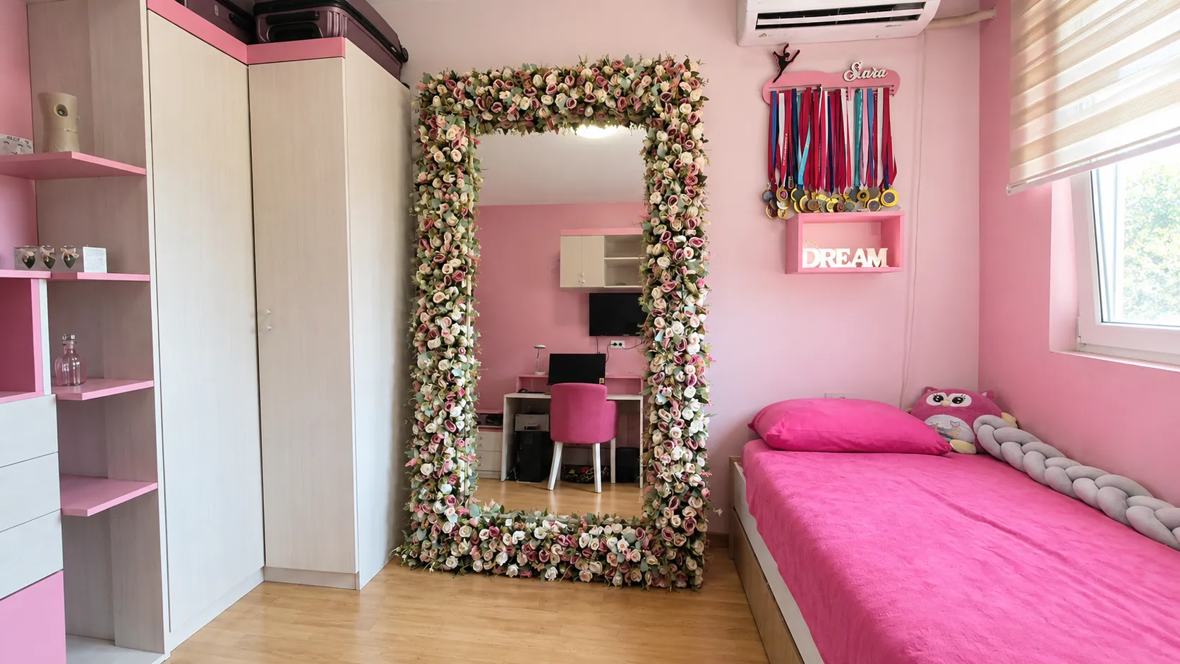 Children's bedroom in pink tones with a bed, a large mirror decorated with flowers, and a wardrobe.