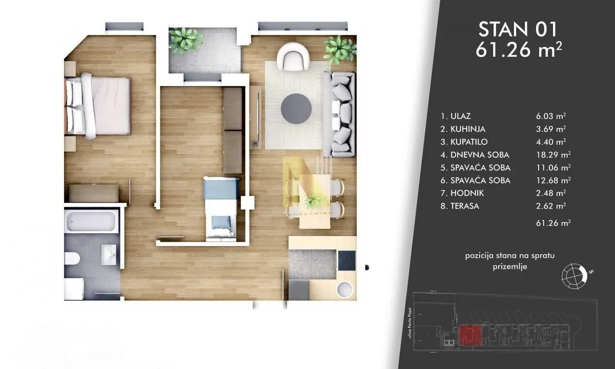 Sale, three bedroom apartment, 61m², Centar, Novi Sad