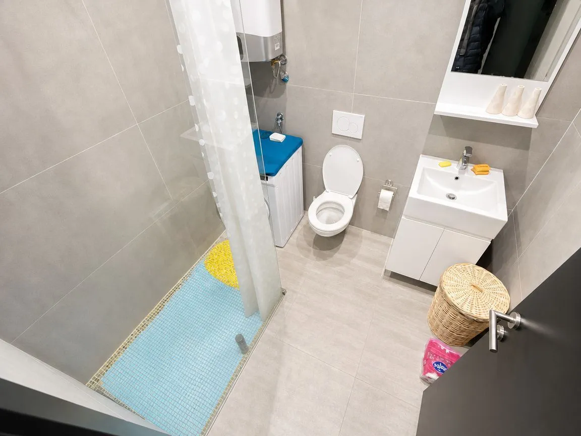 Modern bathroom equipped with a walk-in shower, washbasin, toilet, and washing machine.
