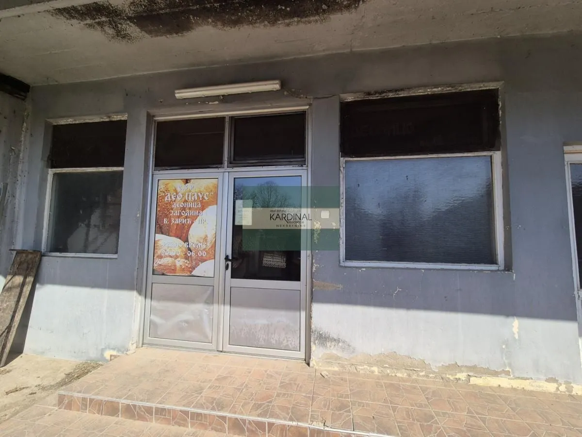 Entrance to a commercial space with glass doors and display windows.