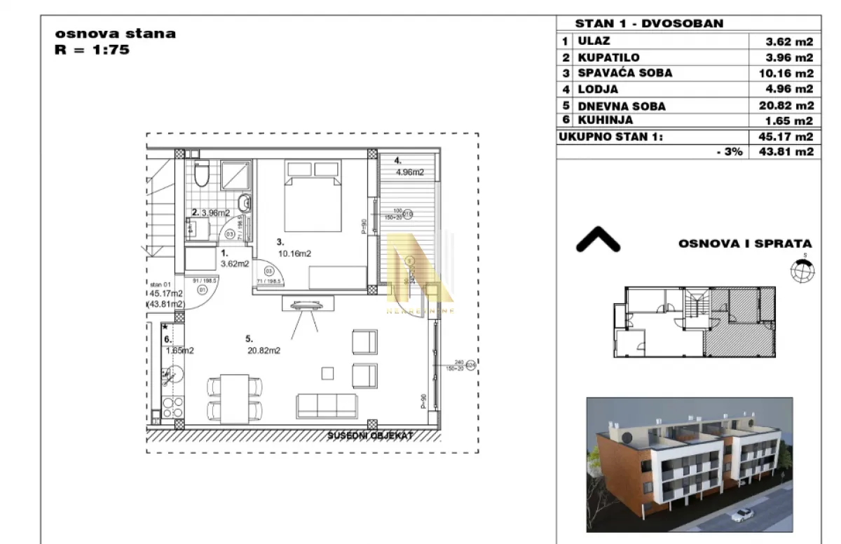 Prodaja, jednosoban stan, 44m², Adice, Novi Sad Sve Podlokacije