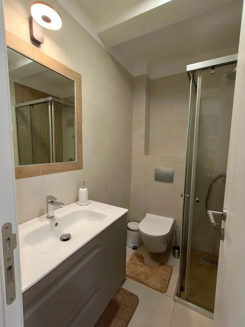 Modern bathroom equipped with a walk-in shower and vanity unit.