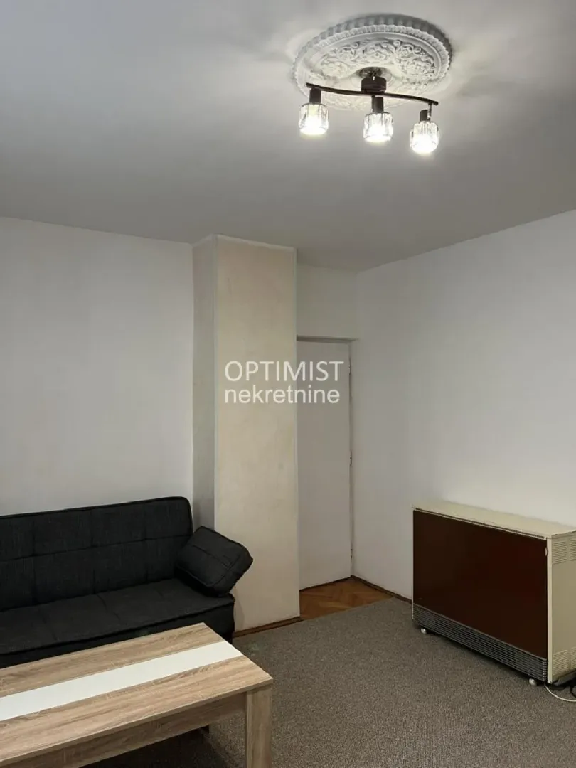 Small living room with a sofa, coffee table, and ceiling lighting.