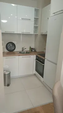 Small white kitchen with a sink, built-in oven, and refrigerator. - image 5