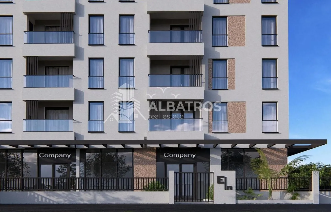 Spoljašnji izgled moderne stambene zgrade sa terasama i poslovnim prostorom u prizemlju.