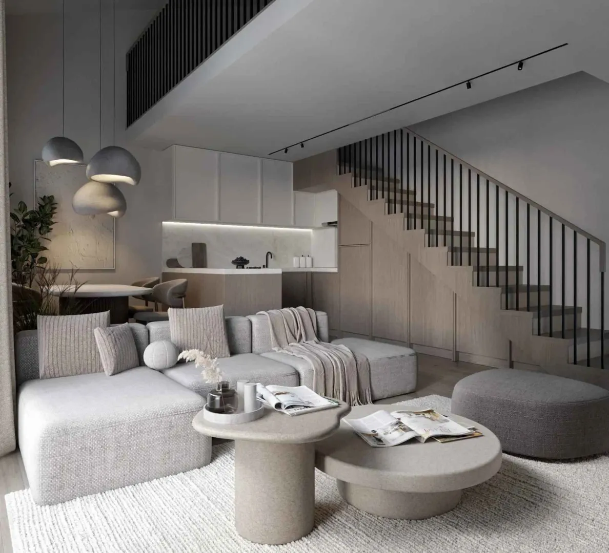 Modern living room with a sofa set, dining area, and stairs in the background.