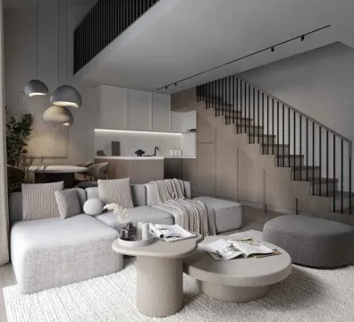 Modern living room with a sofa set, dining area, and stairs in the background. - image 14
