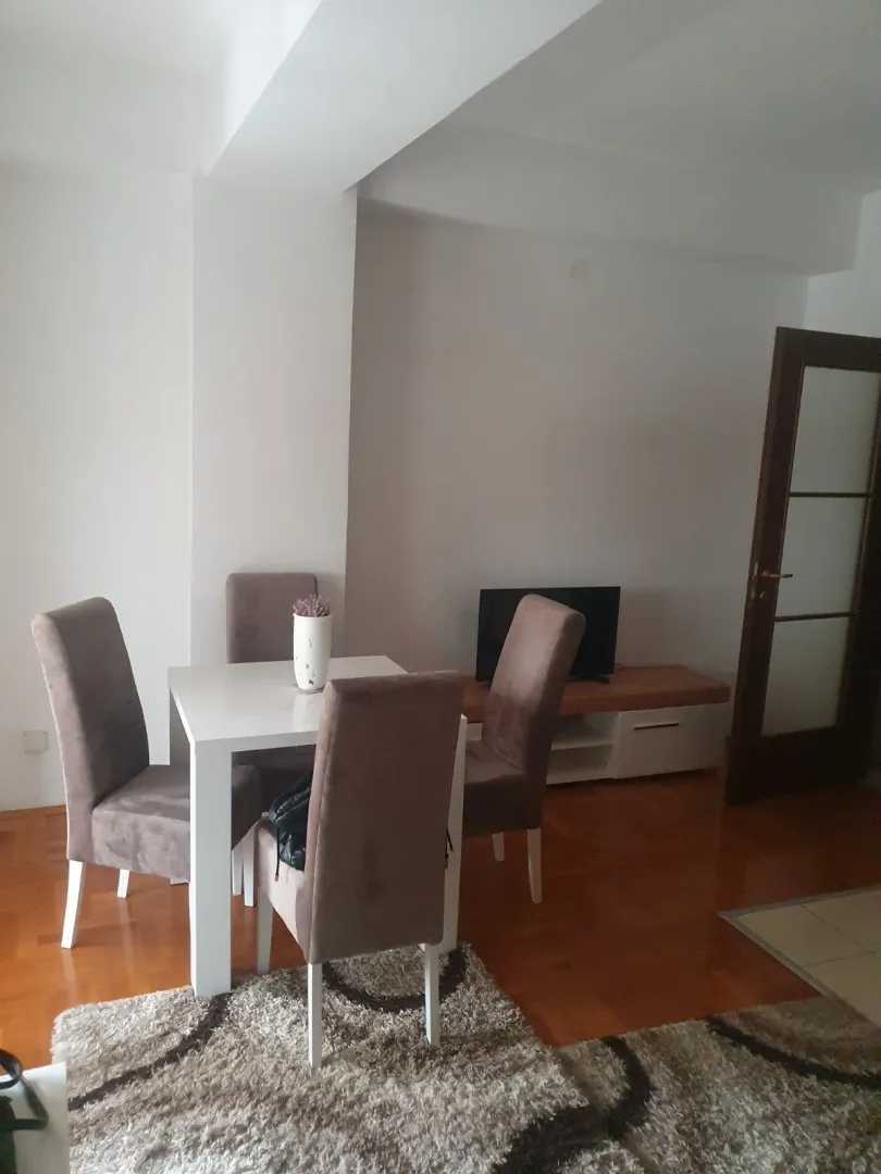 Dining table with chairs and TV in the living room.