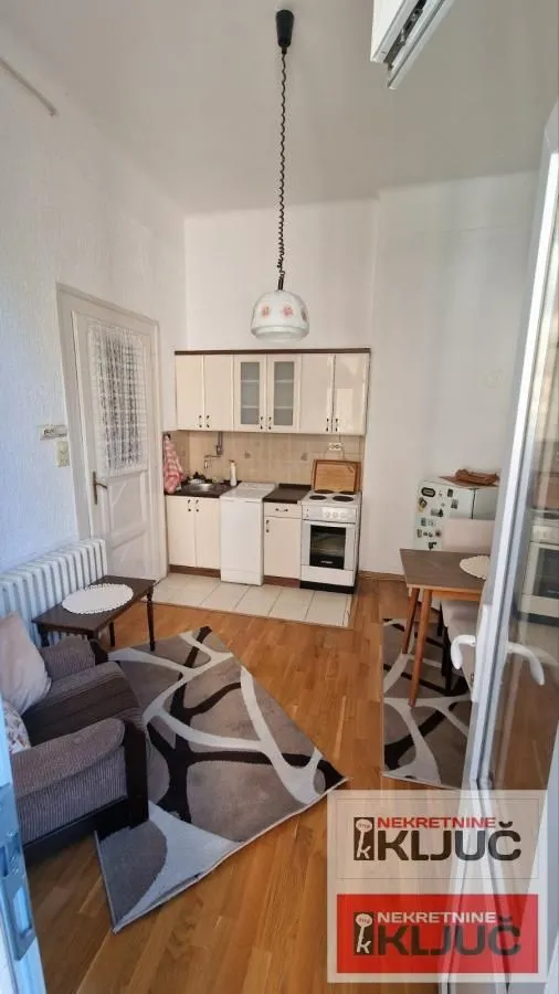 Manja kuhinja sa trpezarijskim stolom i dnevnim kutkom.