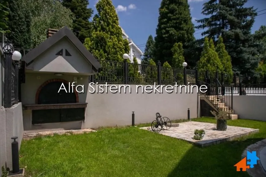 Yard of the house with a landscaped lawn, barbecue area and paved section.