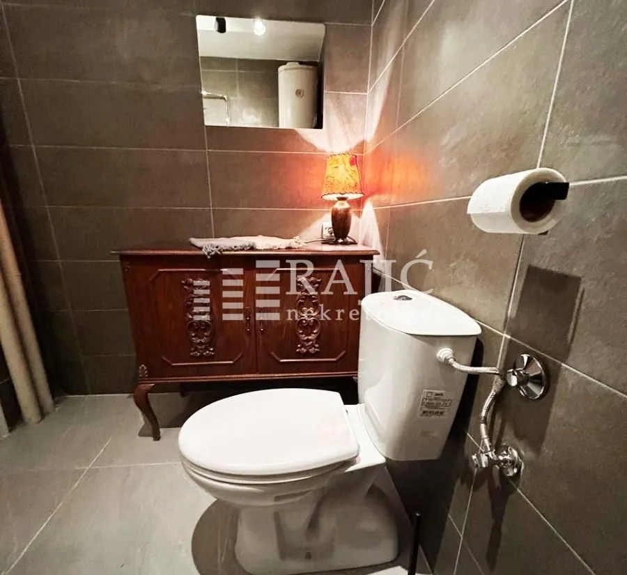 Smaller bathroom with sanitary ware and a wooden cabinet.