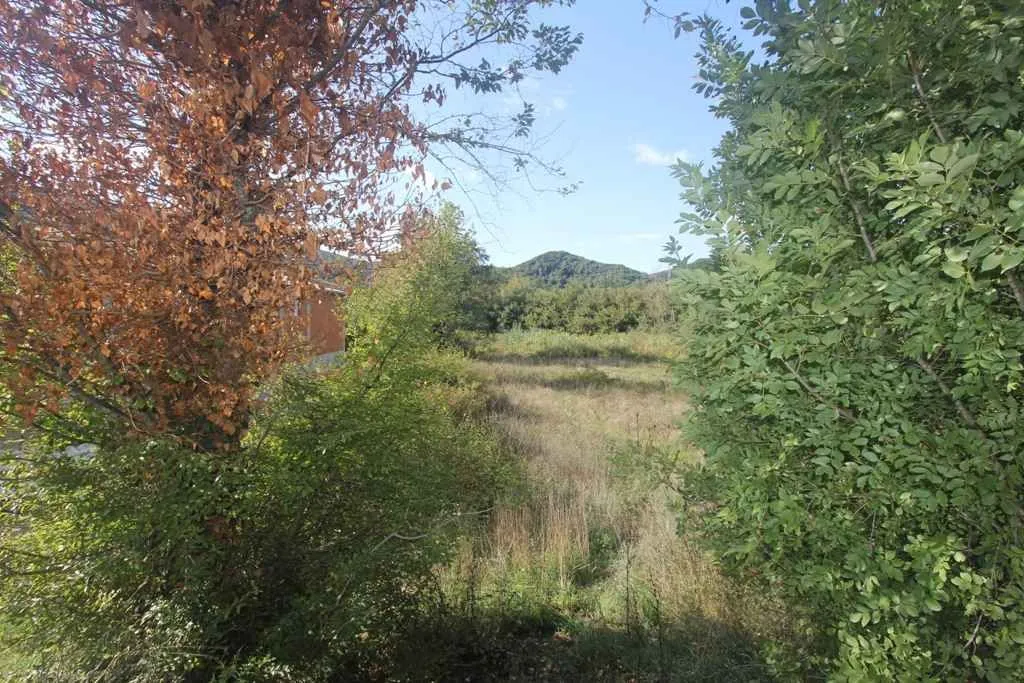 Zeleni plac sa drvećem i pogledom na brda.