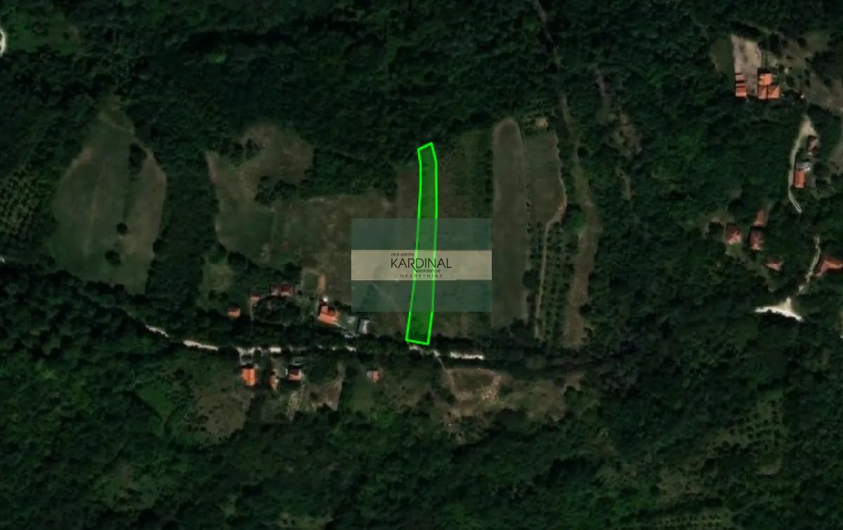 Satelitski snimak sa ucrtanim granicama parcele i zelenom oznakom.