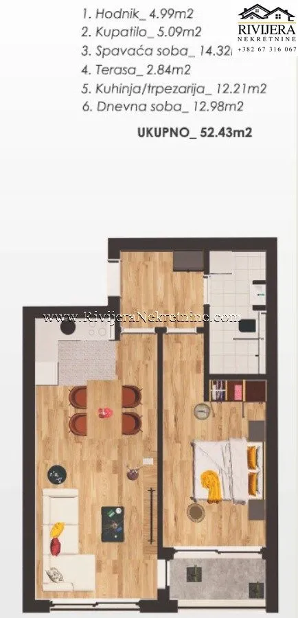 Prodaja, jednosoban stan, 52m², Kava, Tivat