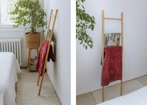 Detalj sa drvenim stalkom u obliku merdevina sa ćebetom i časopisom u spavaćoj sobi. - image 12