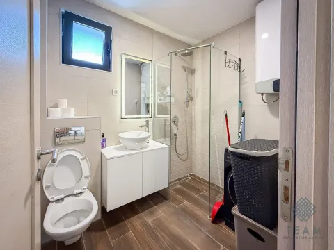 Modern bathroom with a walk-in shower, washbasin, and toilet. - image 8