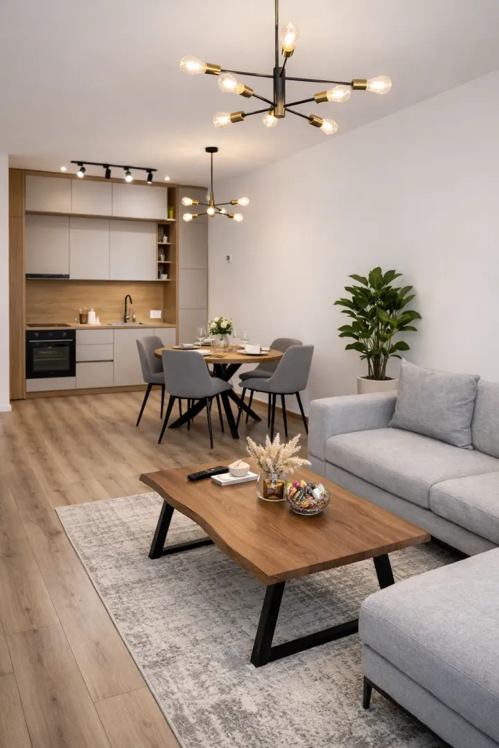 Modern living room with dining area and open-plan kitchen.