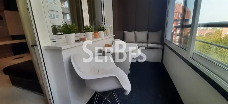 Zastakljeni balkon sa garniturom za sedenje i dekorativnim biljkama.