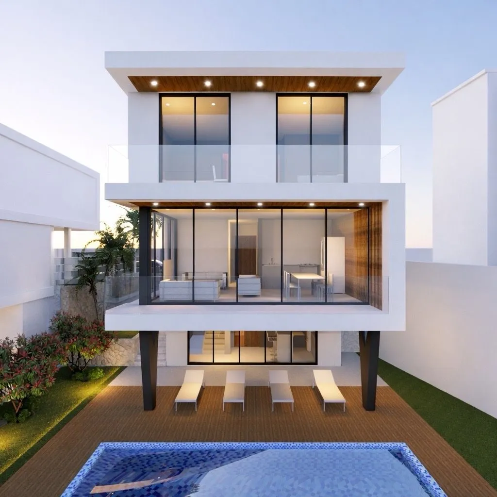 Exterior of a modern two-story house with a swimming pool and landscaped yard.
