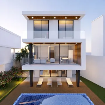 Exterior of a modern two-story house with a swimming pool and landscaped yard. - image 3