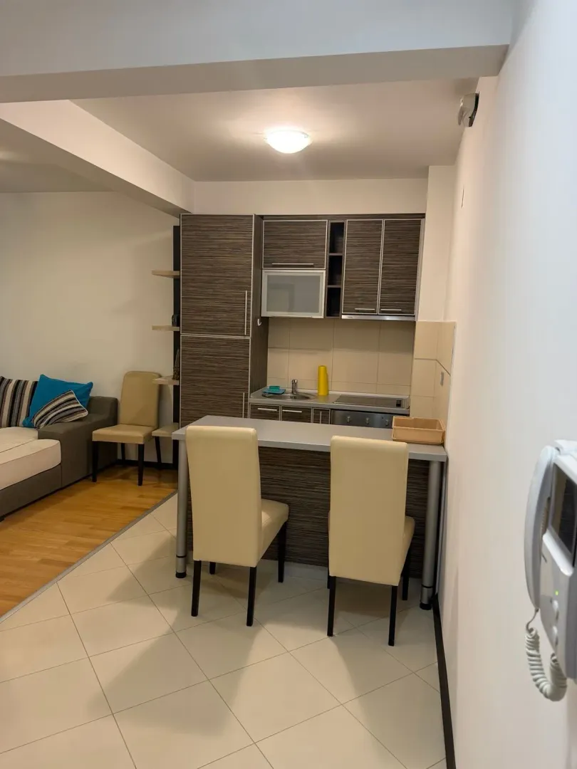 Small kitchen with a bar counter and dining chairs.