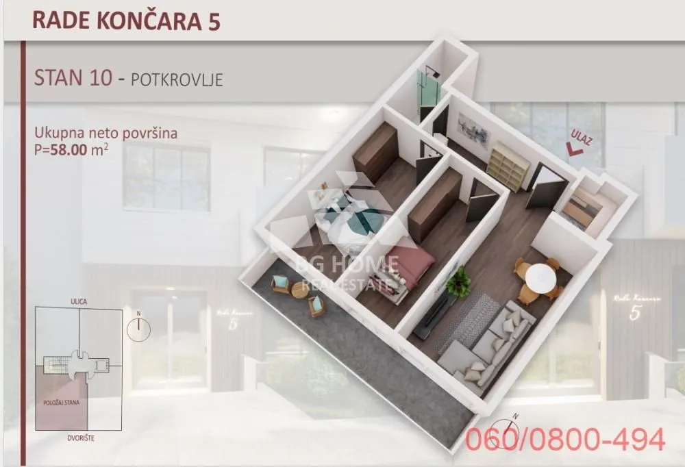 Sale, two bedroom apartment, 58m², Lekino Brdo, Voždovac Sve Podlokacije