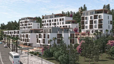 3D vizuelizacija modernog stambenog kompleksa sa više zgrada i uređenim dvorištem. - image 2