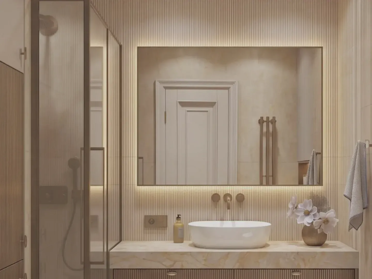 Moderne kupatilo sa umivaonikom, ogledalom i tuš kabinom.