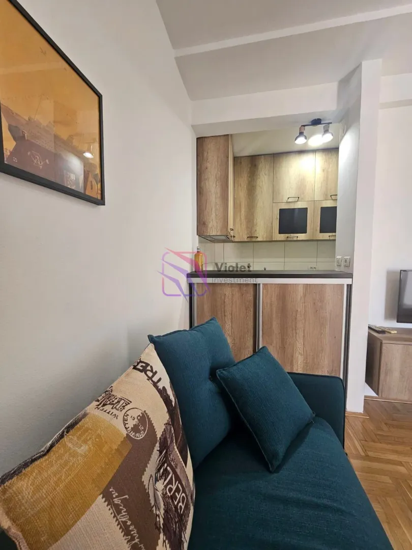 Living room with a sofa and a view of the kitchen in the background.