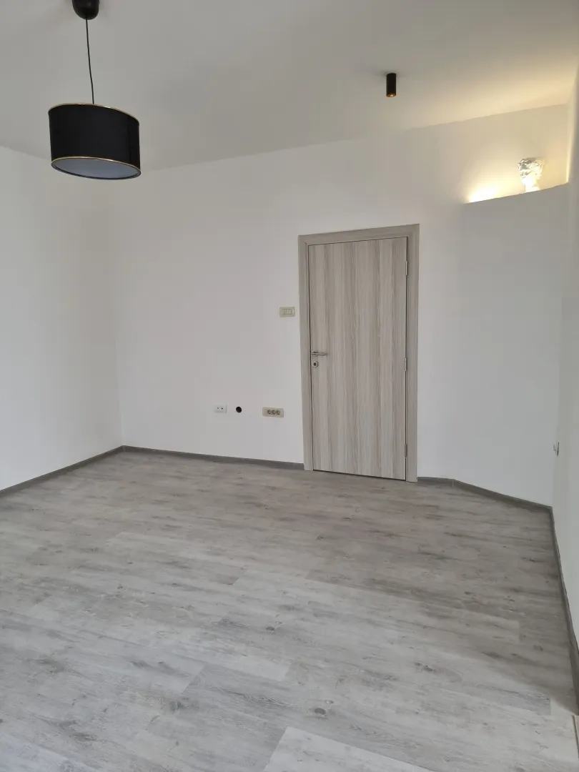 Empty bright room with wooden flooring and a door.