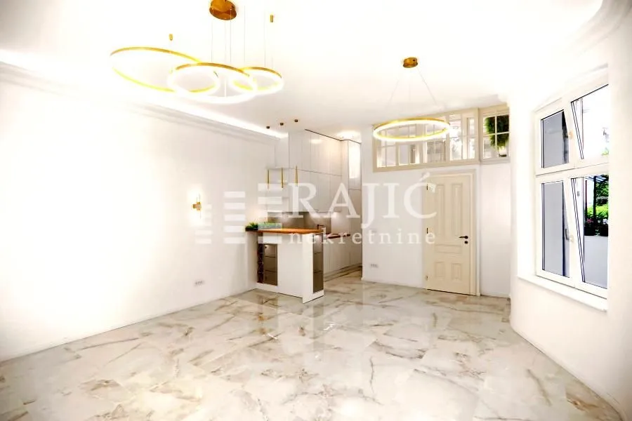 Spacious bright living room with marble flooring and modern chandeliers.