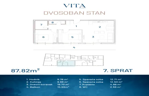 Osnova dvosobnog stana sa rasporedom prostorija i površinama. - image 6
