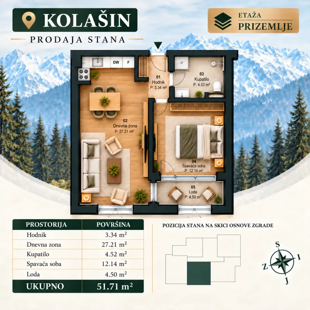 Osnova stana sa rasporedom prostorija i namještajem.