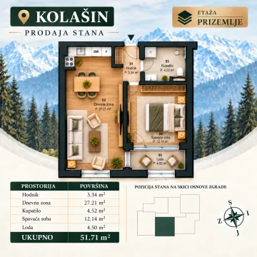 Sale, one bedroom apartment, 52m², Breza, Kolašin