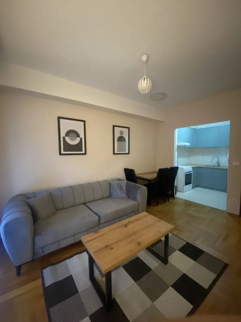 Living room with a grey sofa and a view of the kitchen.