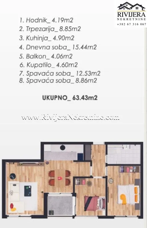 Prodaja, dvosoban stan, 64m², Kava, Tivat
