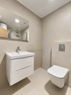 Modern equipped bathroom with a washbasin, mirror and wall-hung toilet. - image 6