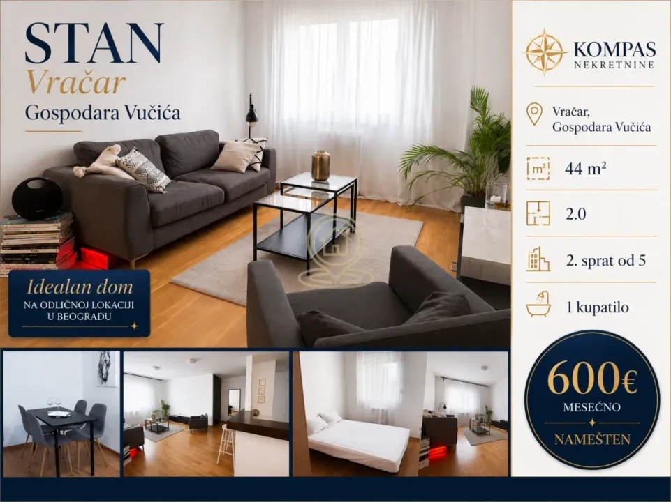 Izdavanje, dvosoban stan, 44m², Vračar Sve Podlokacije, Beograd