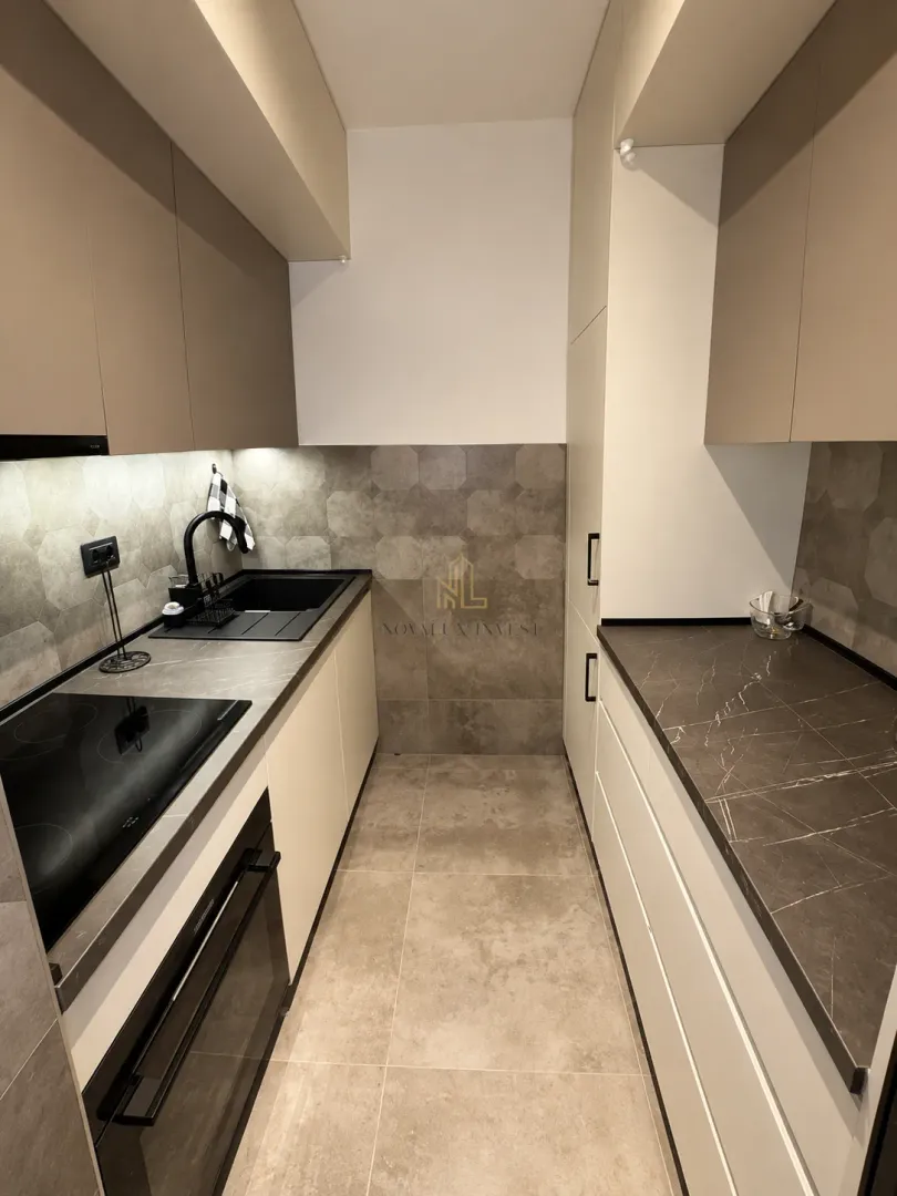Modern galley kitchen with built-in cabinetry and a sink.